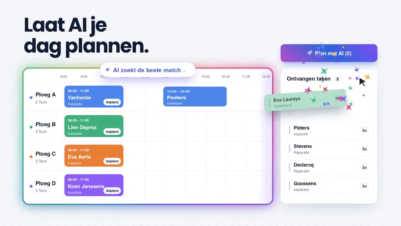 Planningsscherm van FieldGenius met ploegen, ingeplande opdrachten en een lijst met ontvangen taken